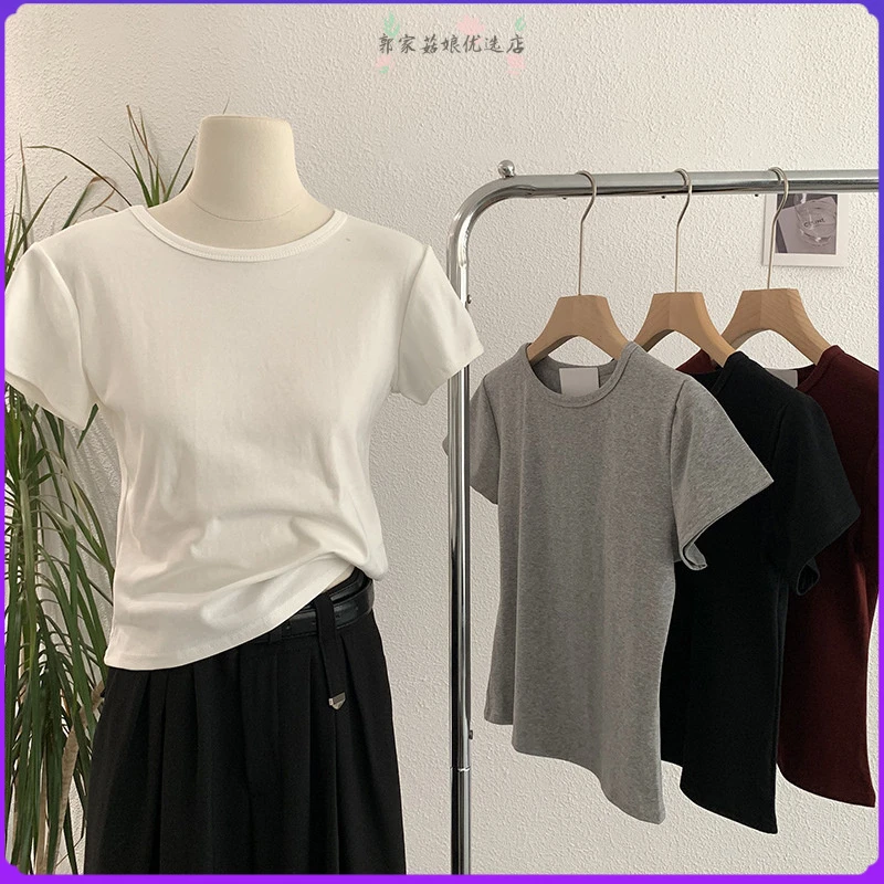 纯色圆领短袖修身显瘦短款T恤上衣2025夏季新品女装潮洋气时尚洋
