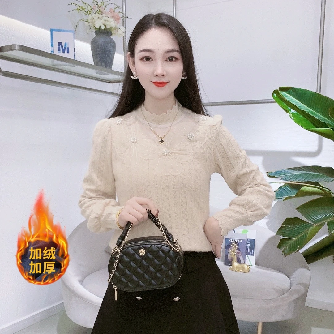 A7781蕾丝长袖打底衫秋冬新款气质时尚洋气加绒上衣