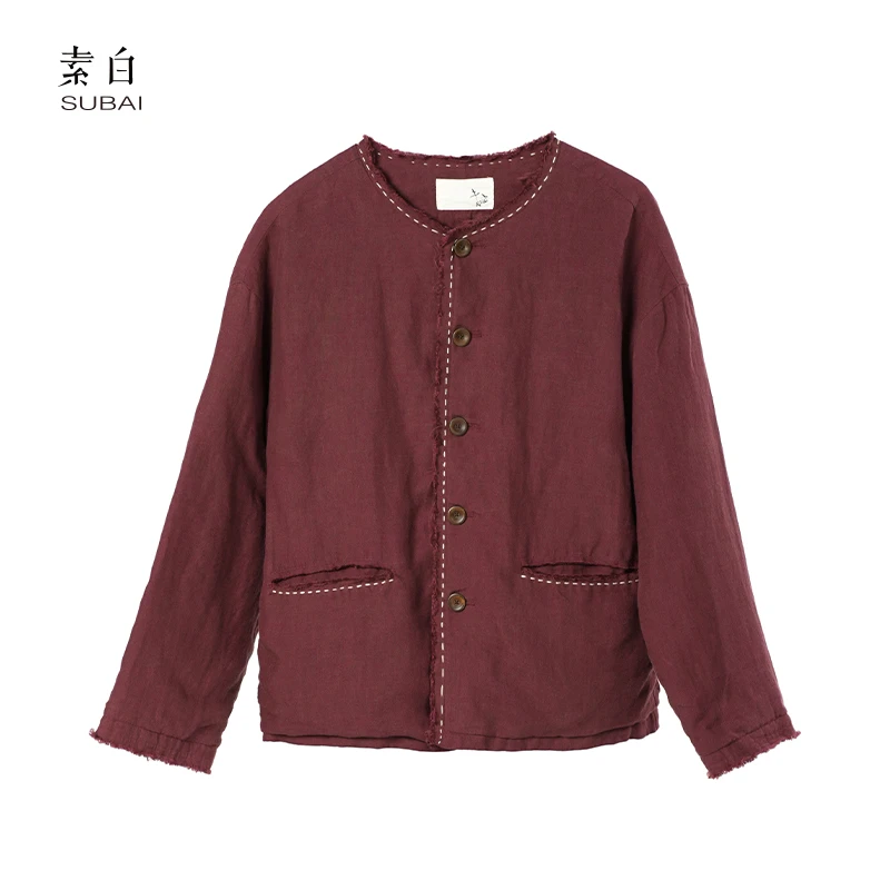 素白【拙线】T01752文艺复古亚麻宽松舒适保暖棉衣外套