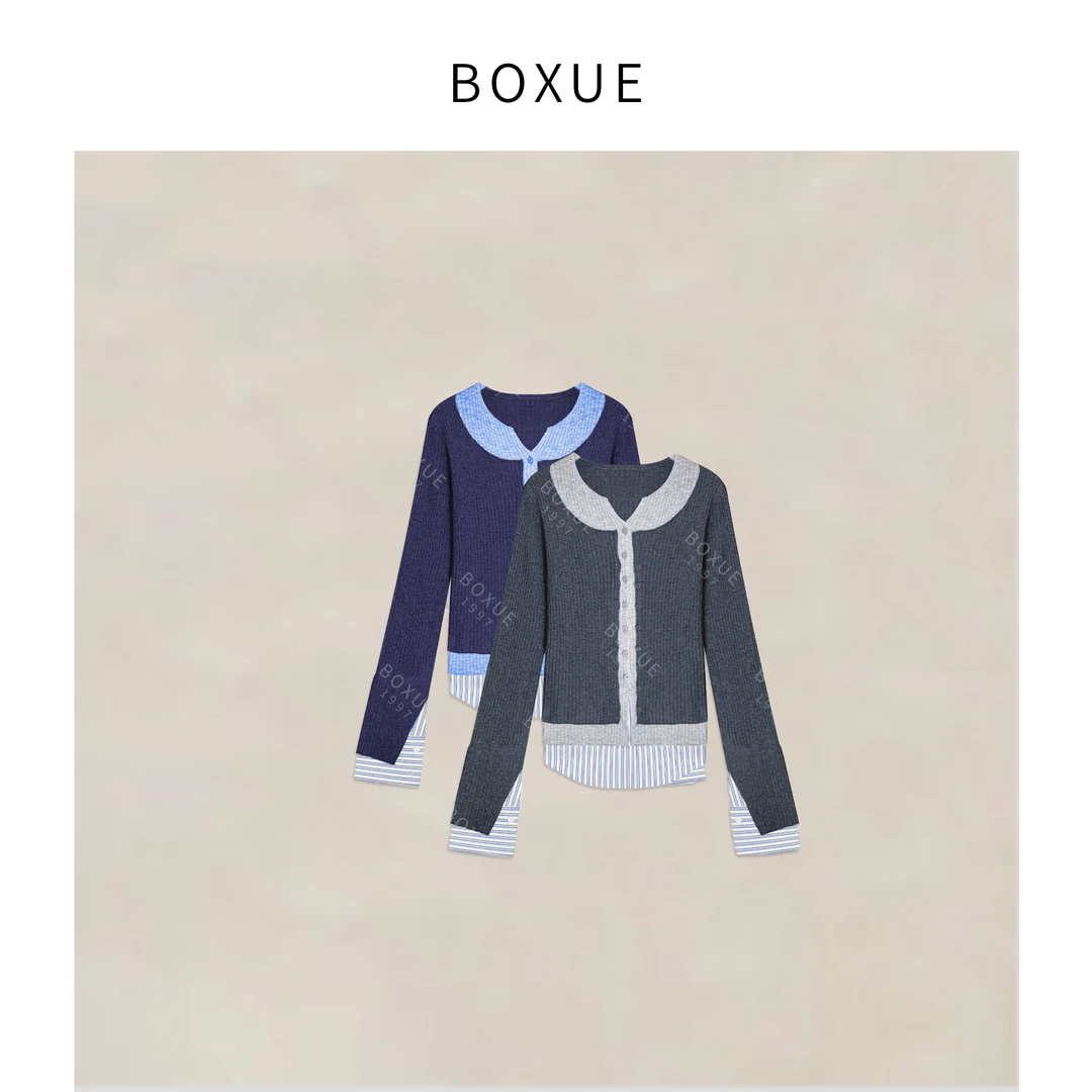 BOXUE“南风诗”2025春季新款高级感拼接丝光羊.毛 外套#250208W181