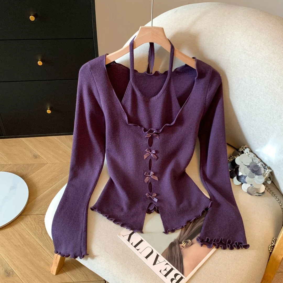 皇倩儿秋冬设计感不规则收腰针织打底木耳边蝴蝶结打底衫纯欲上衣