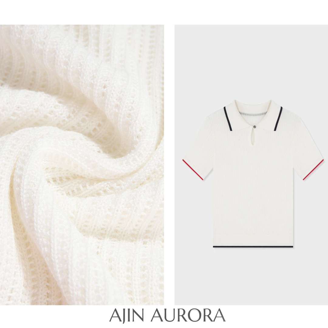 730802【侘寂美学】坑条肌理撞色POLO领针织短袖A1