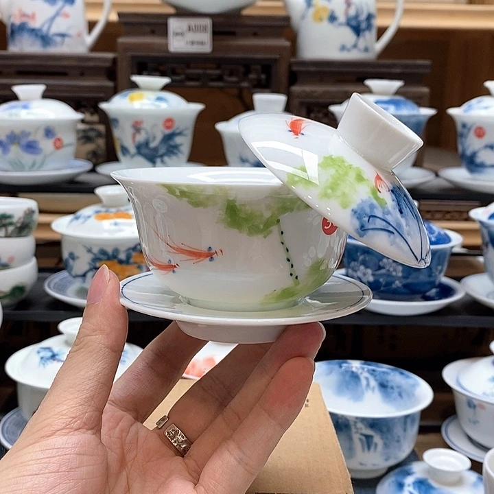 手绘五彩荷花150cc悬停盖碗釉下彩微瑕福利款