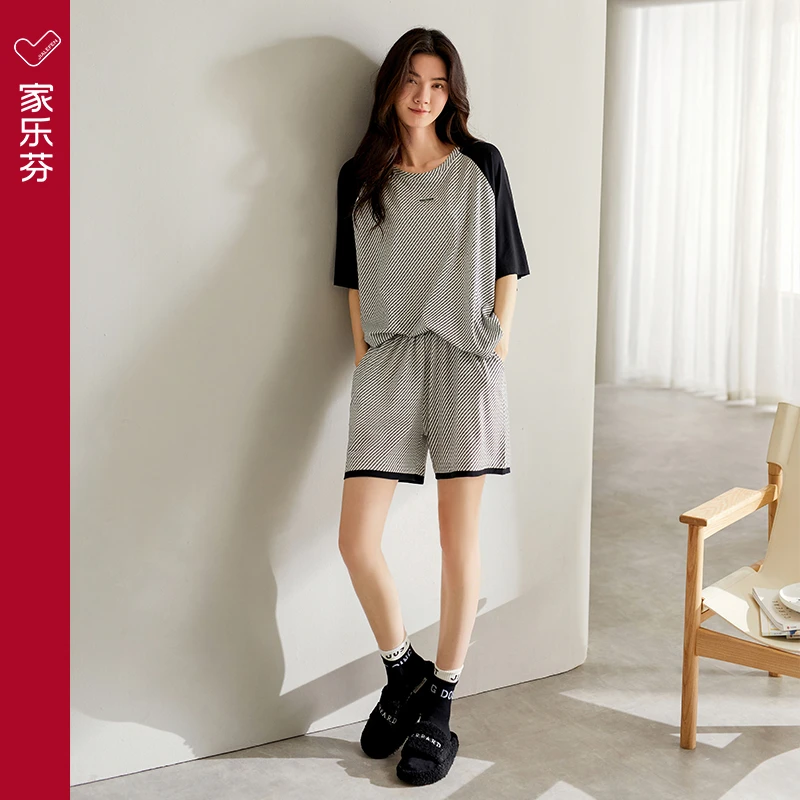 家乐芬睡衣女夏天夏季短袖短裤莫代尔家居服圆领大码休闲套装薄款