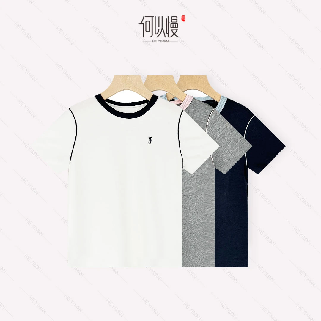【何以慢】天丝混纺夏季撞色舒服透气针织圆领短袖T恤A0-A5425