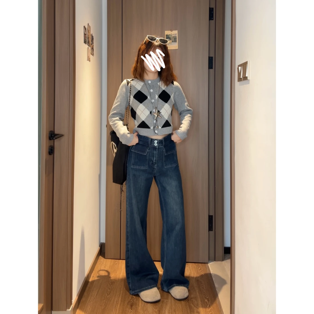 复古高腰阔腿牛仔裤女小个子秋季新款胖mm大码宽松慵懒风松弛感裤