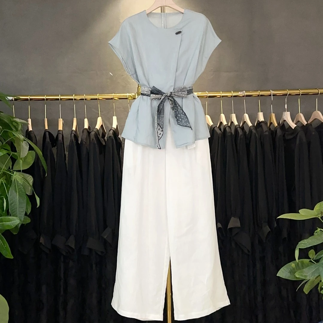 A535夏季新款时尚气质短袖上衣阔腿裤两件套洋气女装女神休闲套装