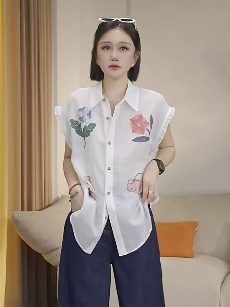 翻领白色麻料木耳边小飞袖衬衫女上衣气质花朵印花夏季10893