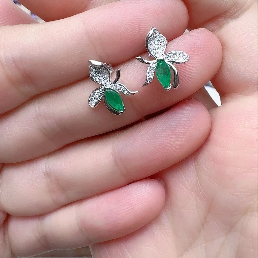 祖母绿耳饰银S925镶嵌耳钉