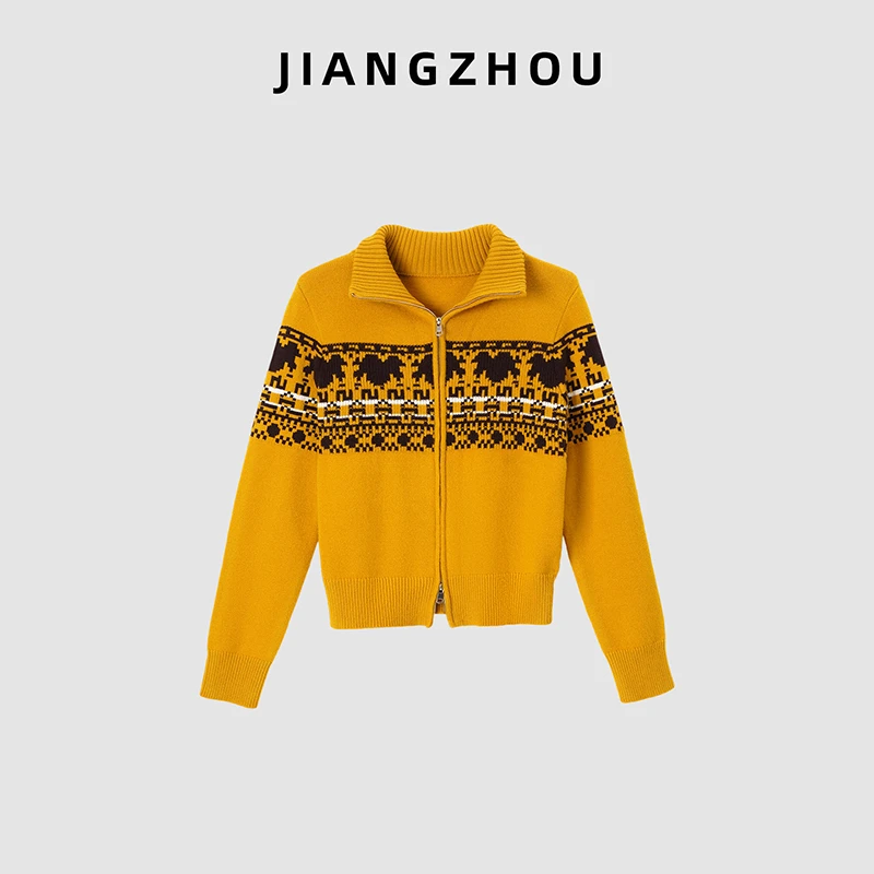 江洲【锦舒】冬季新款费尔岛奢级工艺复古提花双拉链羊毛毛织开衫