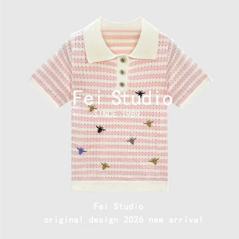 【Fei studio】1210复古镂空条纹短袖女新款彩色小蜜蜂刺绣减龄上衣