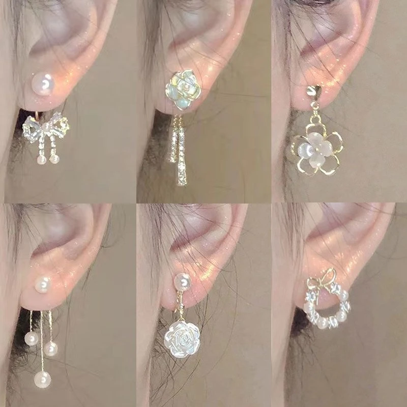 陷入温柔甜美蝴蝶结珍珠锆石高级耳钉女出游搭配气质一款两戴耳环