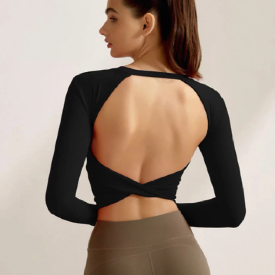 瑜伽长袖女秋季新款带胸垫美背速干跑步运动T普拉提训练健身上衣