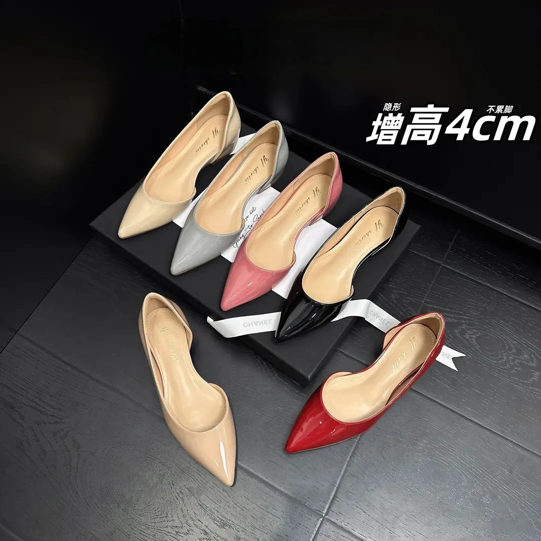 羊皮版～小个子增高4cm法式侧空尖头平底鞋女2025新款裸色浅口单鞋