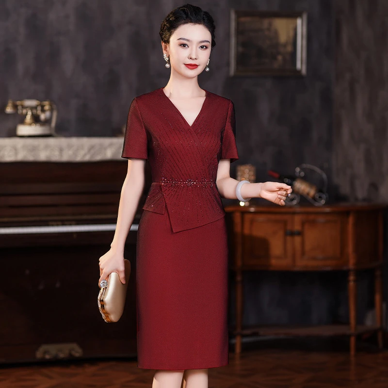 春夏新款气质宴会连衣裙小个子假两件遮肚子显瘦礼服喜婆婆妈妈装