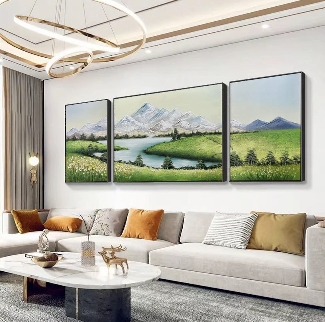 SF 19 《高山流水》手工油画装饰画客厅三联画沙发轻肌理油画