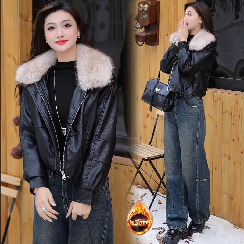 加绒加厚短款皮衣外套女2025秋冬新款洋气宽松保暖PU皮夹克上衣潮