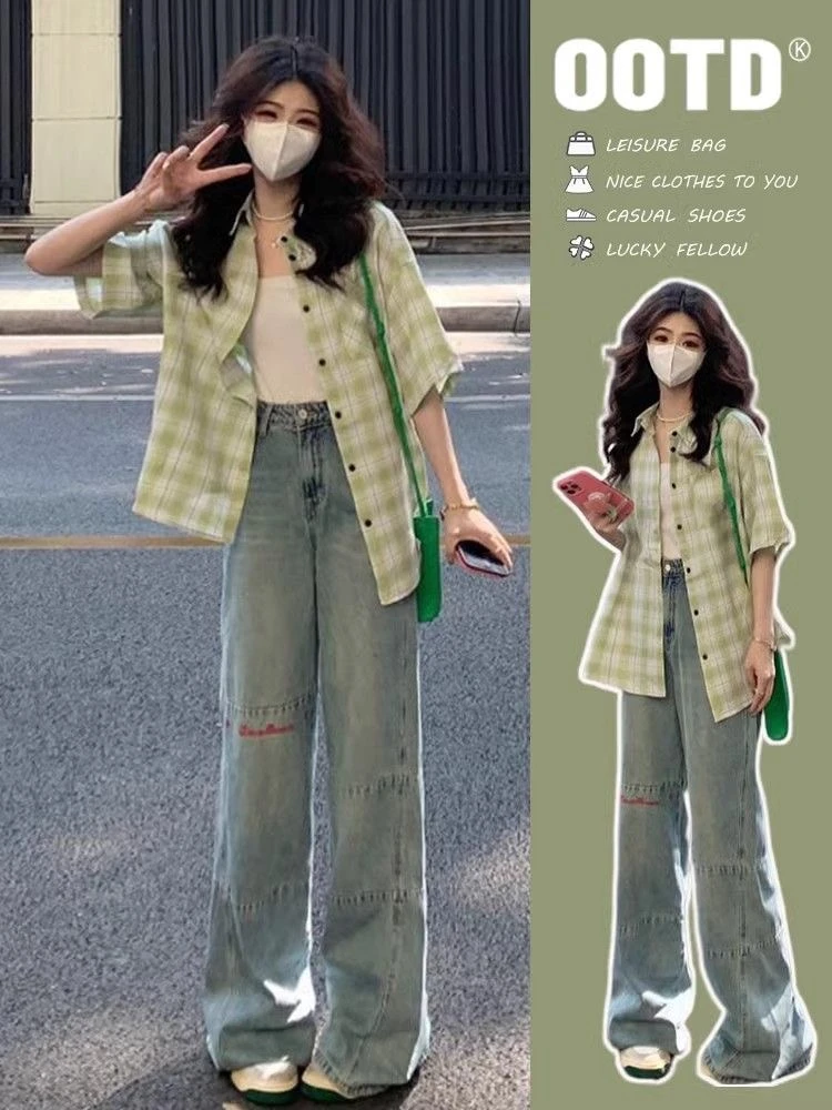 美式复古短袖衬衫女宽松2025新款港风格子设计感高级感超好看上衣