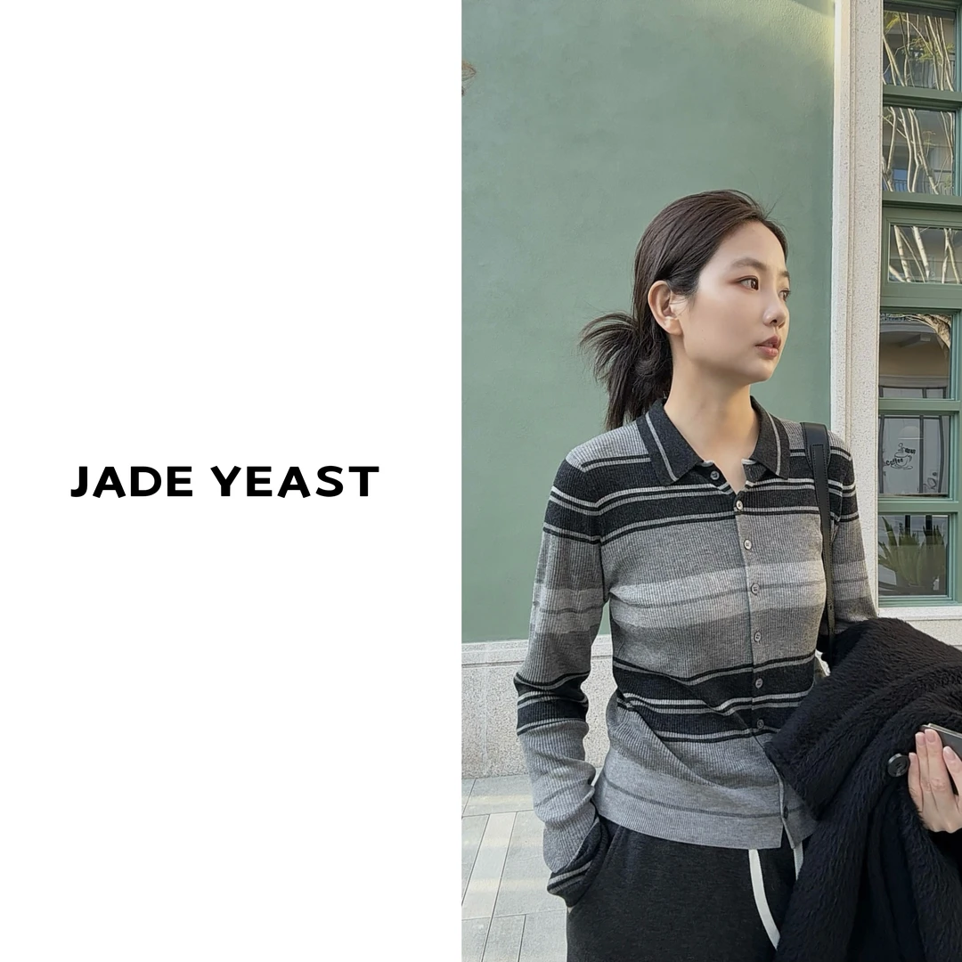 JADE YEAST-（静奢风）色织超细羊翻领条纹羊毛开衫