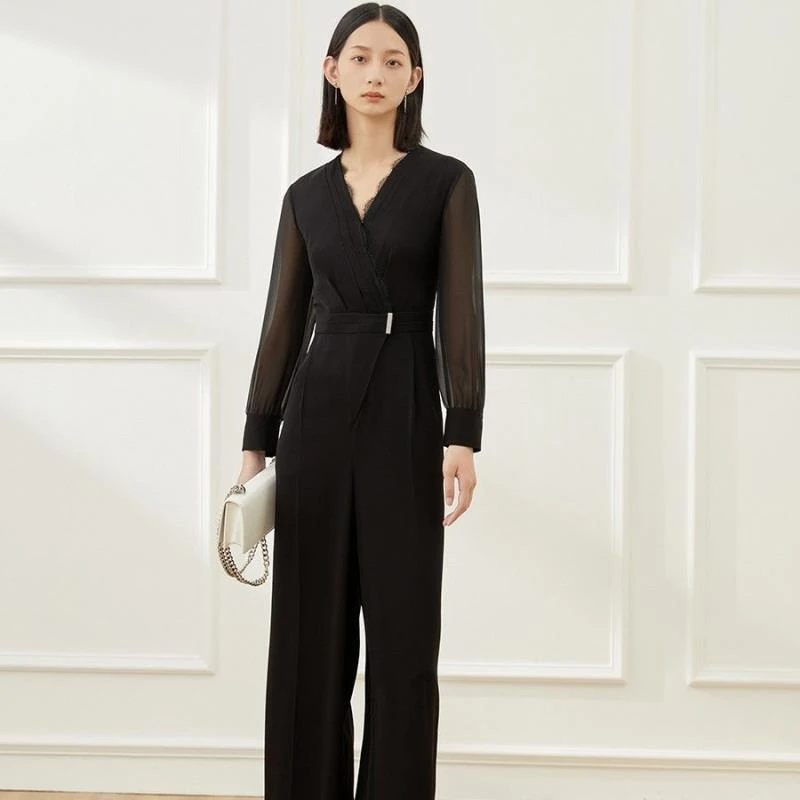 黑色连体裤常规直筒修身时尚系带高腰ZX00145