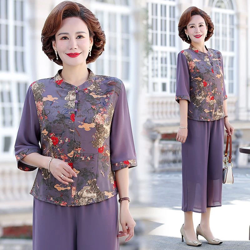 7118中年妈妈夏季薄款短袖国风上衣裤子套装