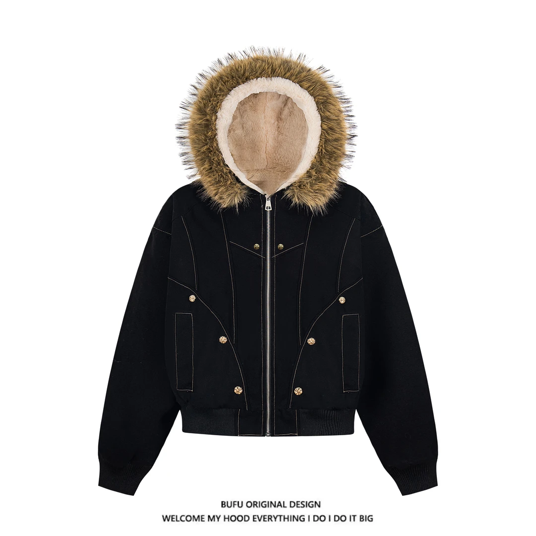 亿万少年BUFU座山雕加厚外套棉衣男女情侣款毛领棉服夹克外套短款