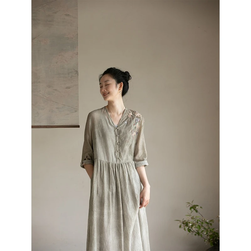 【非遗苗绣】牧衣游原创夏季 炒色丝棉手工刺绣禅意新中式长裙 花祈