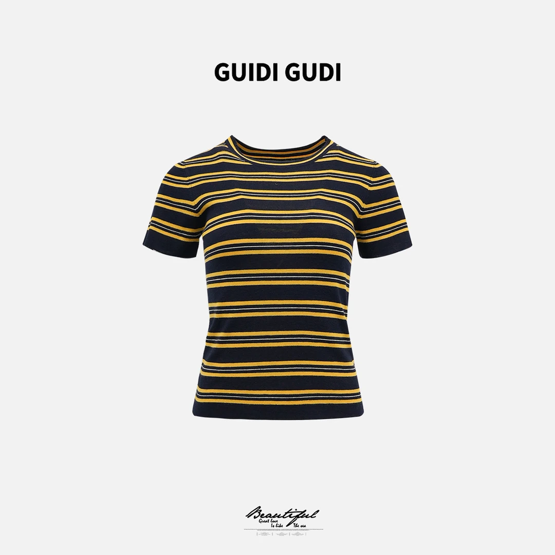 GUIDI GUDI【条纹华尔兹】黄加蓝百搭条纹短袖T恤 T9511619H