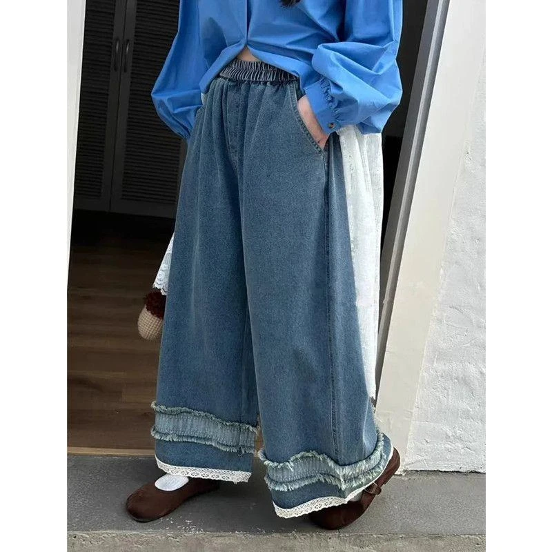 超DS单设官方DS蕾丝花边牛仔裤女夏季新款宽松显瘦阔腿九分裤ins