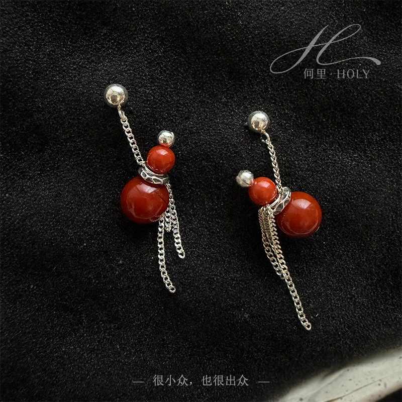 【葫芦】原创设计小众天然南红925纯银新中式流苏耳环过年红色喜庆
