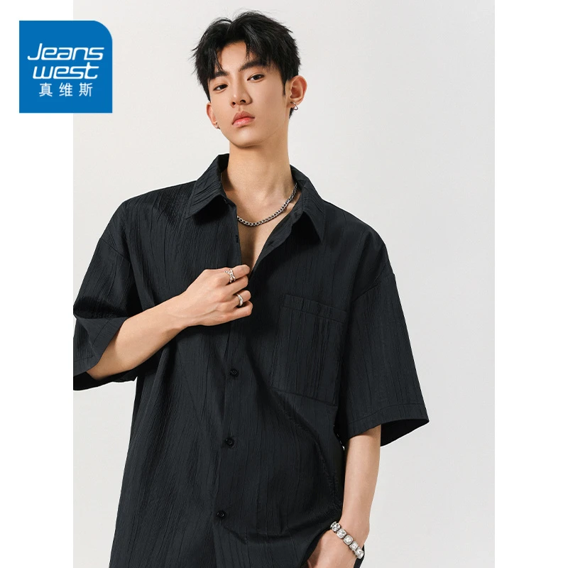 真维斯夏季冰丝短袖衬衫男条纹厚款速干黑色夏天寸衫外套休闲上衣