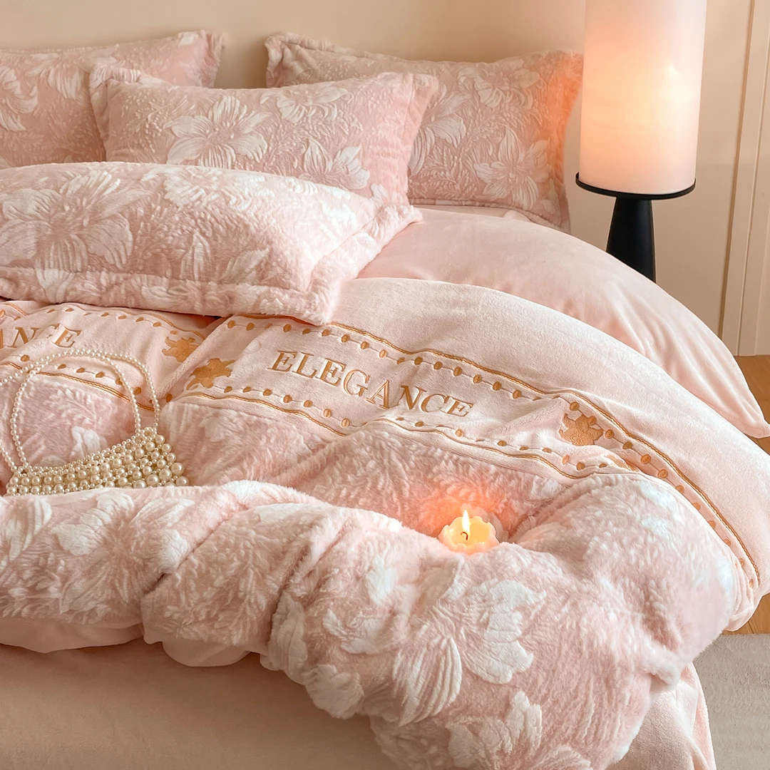 轻奢冬季雕花兔毛绒四件套2025新款双面加厚牛奶绒珊瑚绒被套床YJ