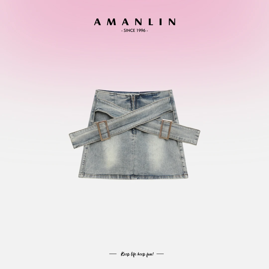AMANLIN/阿谩琳甜辣妹设计感小众不规则包臀牛仔半身裙-F592101