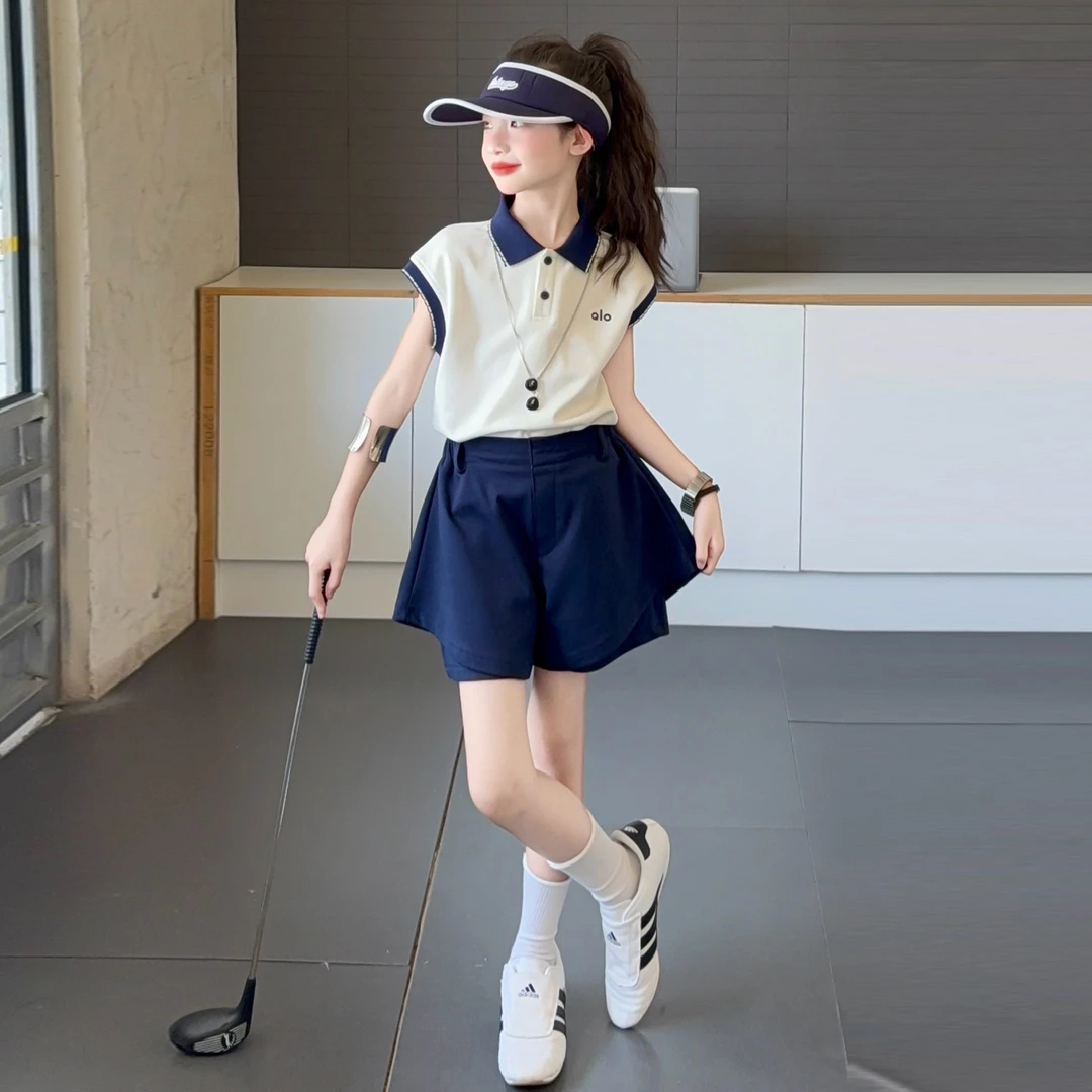 女童夏套装2025新款女孩大童超好看夏装儿童Polo衫运动短裤两件套