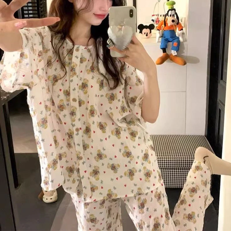 卡通风小熊短袖长裤睡衣女款夏季爆款绵柔学生休闲家居服两件套装