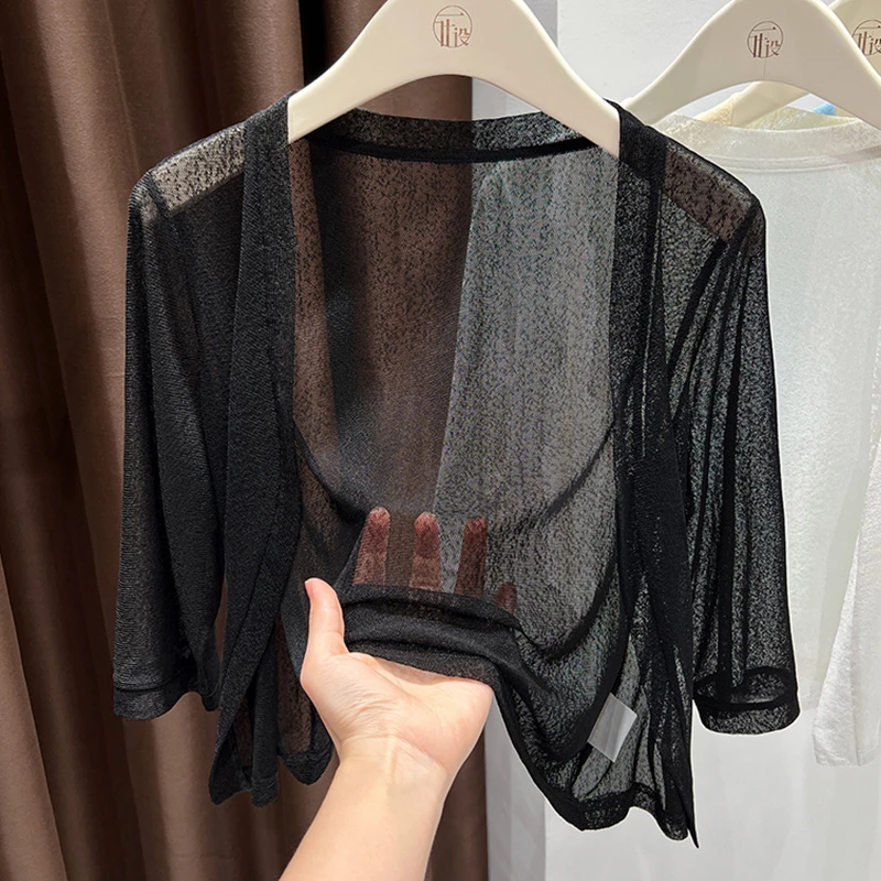 黑色开衫宽松七分袖外搭小外套夏新款空调衫短款温柔风仙女薄外套