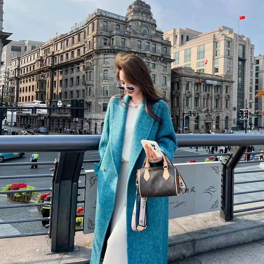 「蓝精灵」秋冬女长款时尚毛呢外套常规袖气质扎染云儿设计师