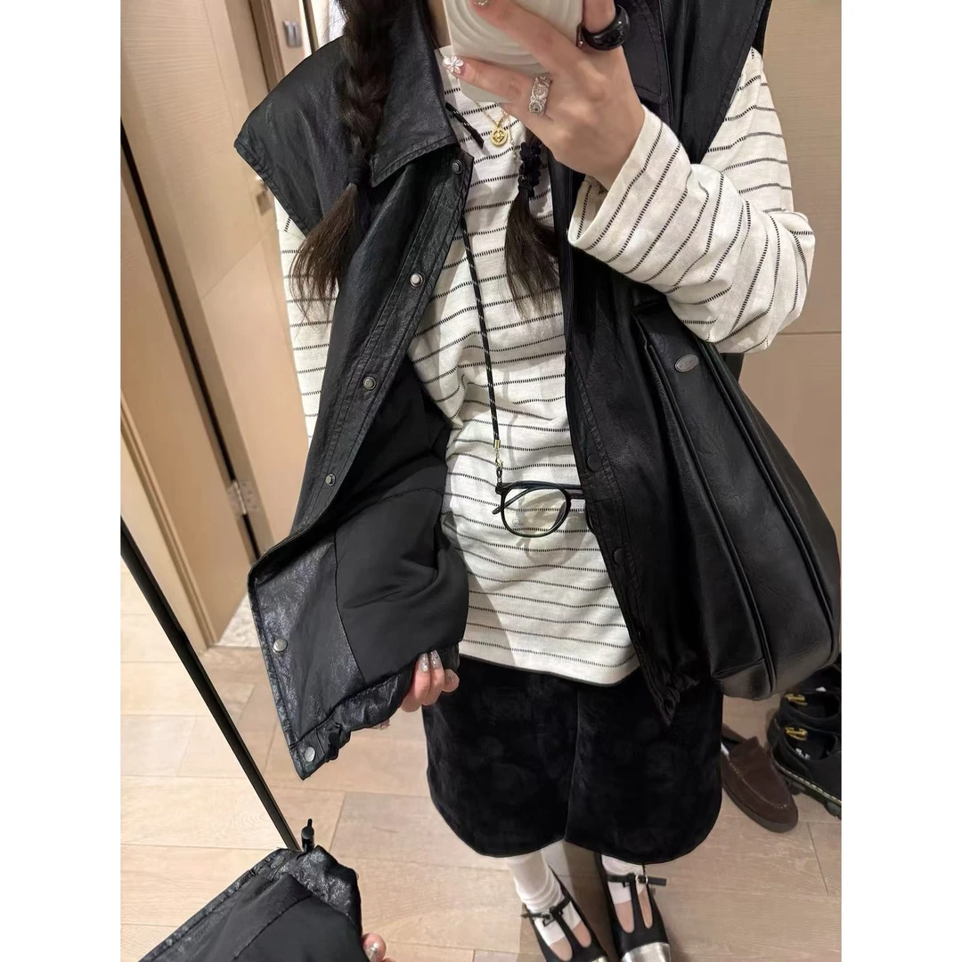 SP 夹棉款pu皮马甲女秋冬宽松时髦酷飒翻领马夹上衣外套