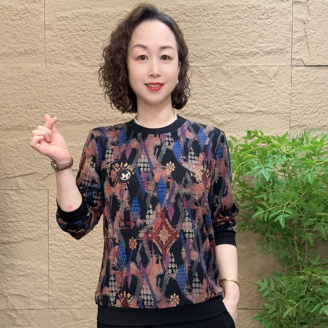妈妈装时尚漂亮秋季小衫气质减龄宽松中老年圆领弹力休闲百搭上衣