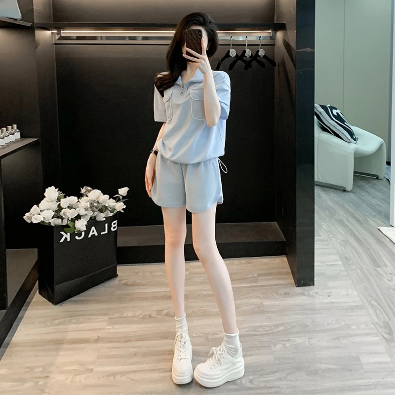 YY减龄时尚运动套装女夏季新款网红炸街休闲短袖短裤两件套锦纶SM