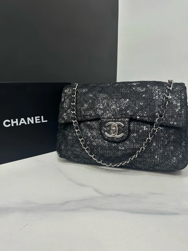 95新 Chanel/香奈儿 黑银网纱亮片cf链条包12开32cm/JJ5072101