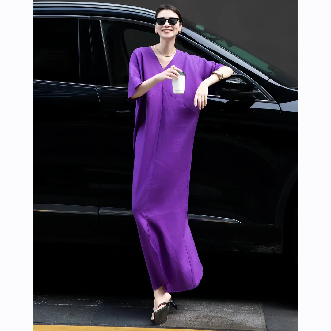 ZEROYK慵懒风连衣裙2025夏季新款简约时尚V领宽松百搭纯亚麻长裙