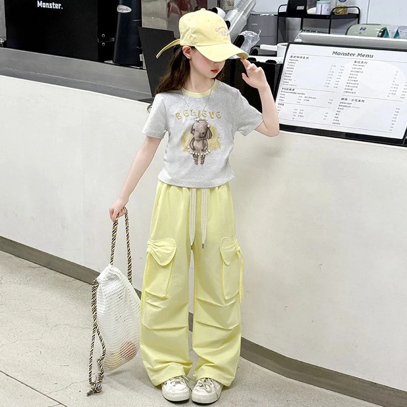 270哈哈家 夏季新款女童洋气韩版炸街工装裤短袖套装