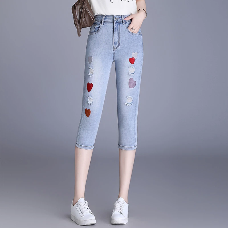 破洞七分牛仔裤女2025年夏季高腰薄款修身显瘦弹力小脚大码中裤子