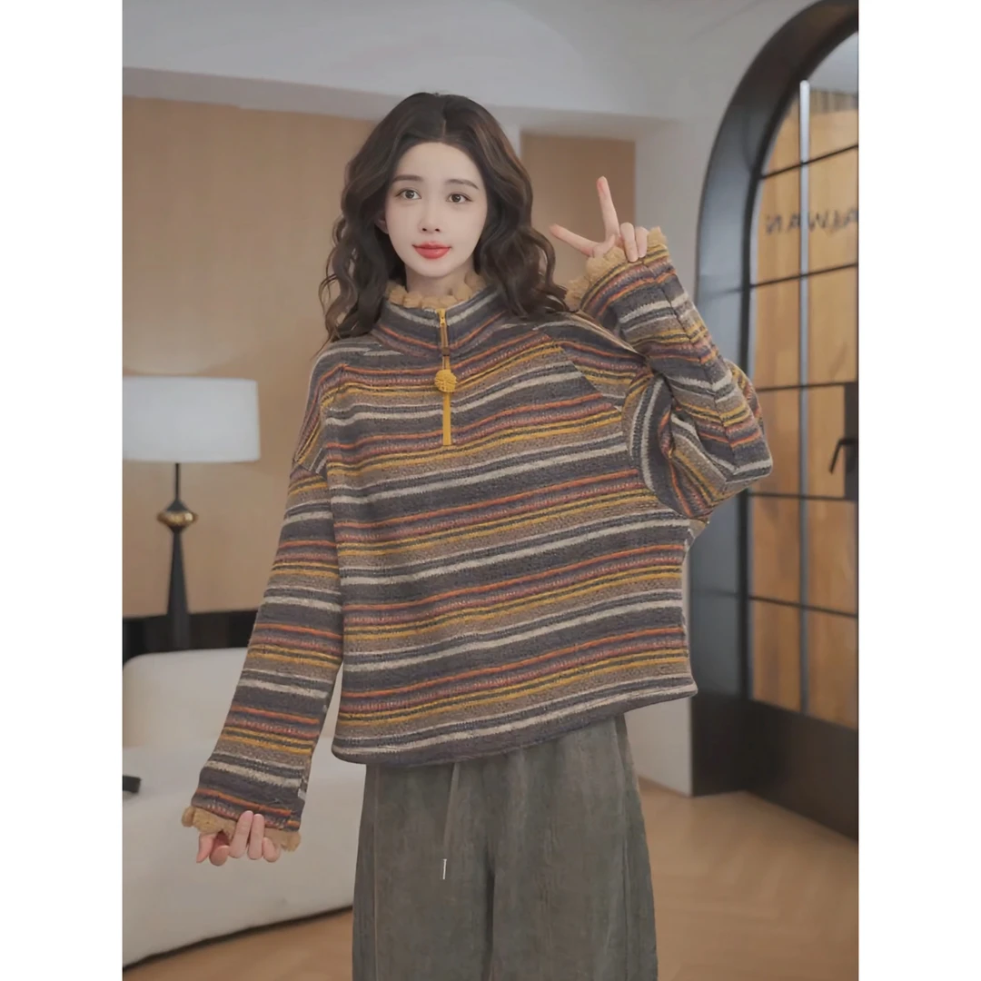 余紫绮【金银花】女秋冬设计感条纹内搭卫衣长袖复古YQ9413026