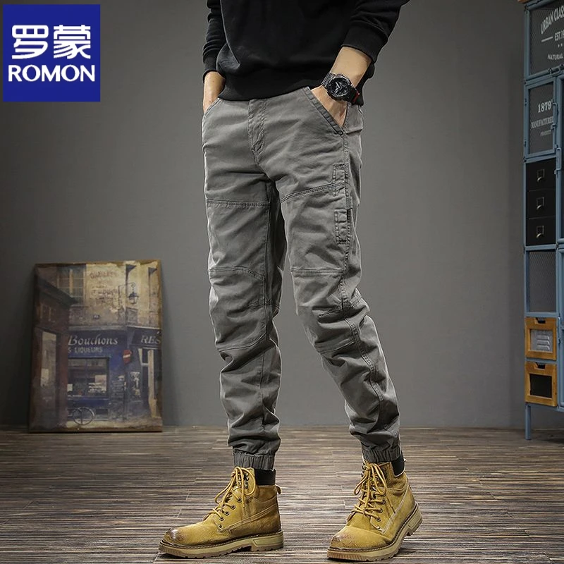 罗蒙秋季新款美式复古弹力休闲裤男机能拼接工装裤修身束脚运动裤
