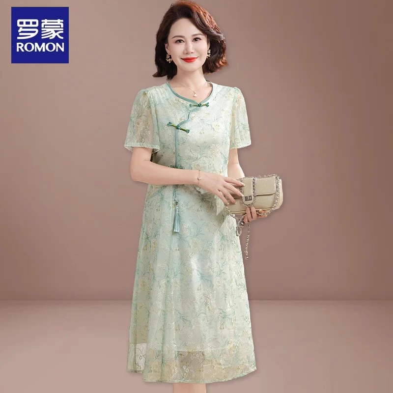 罗蒙新中式妈妈改良旗袍连衣裙夏季中老年女士印花过膝长裙高级感