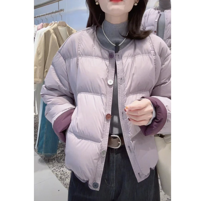 时尚减龄彩色纽扣圆领棉服外套女2025冬季新款抽绳显瘦百搭棉衣潮