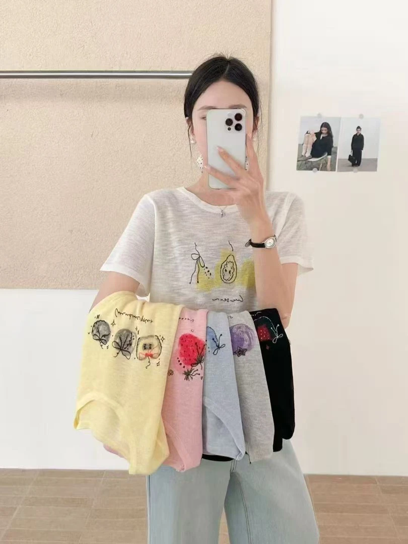2025夏季新款水果印花罩衫短袖T恤设计感百搭减龄韩系针织上衣