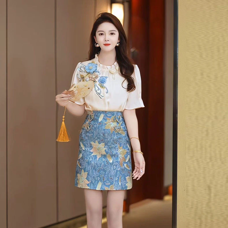 夏新款圆领新中式设计感短裙收腰显瘦百搭时尚气质两件套